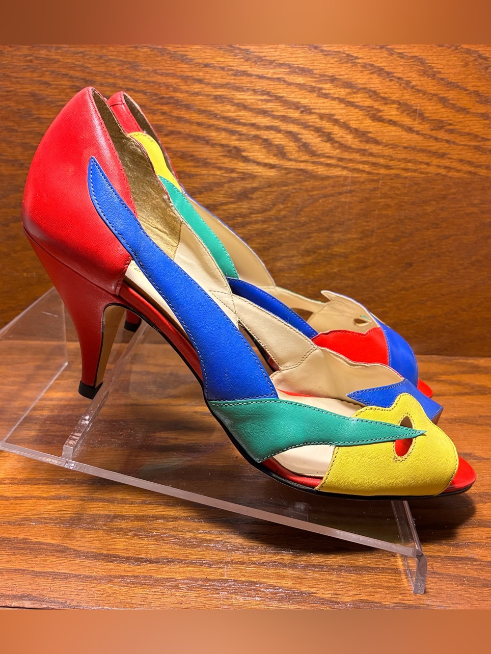 Vintage 80s 90s Calico Colorblock Leather Peep Toe Heels Size 10